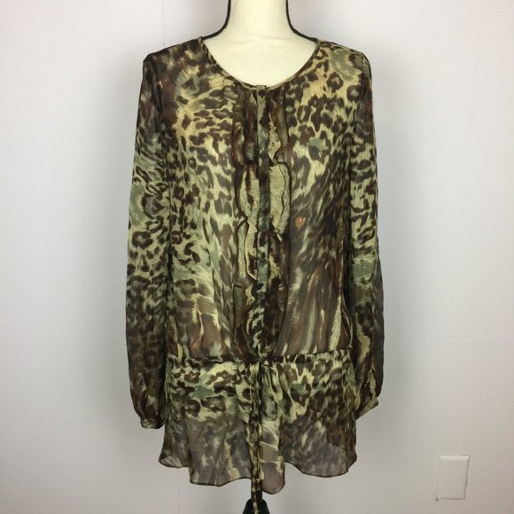 CAbi Silk Blouse Top Size M Womans Leopard Ruffle Brown Long Sleeve Drawstring - Picture 1 of 11
